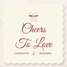 Cheers To Love Burgundy Script Ivory Bow Wedding Underlägg Papper
