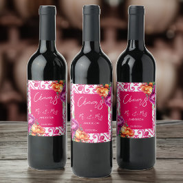 Cheers to mr och Mrs. fuchsia tiles orange peonies Vinflaska Etikett
