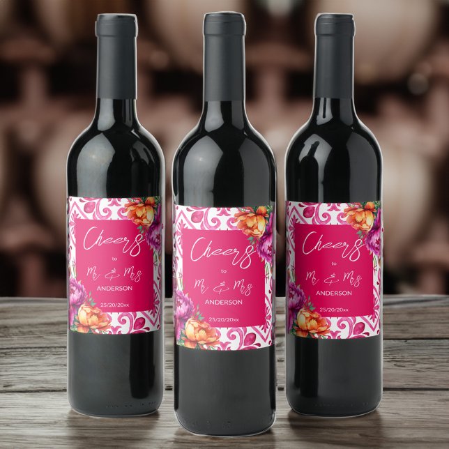 Cheers to mr och Mrs. fuchsia tiles orange peonies Vinflaska Etikett (Cheers to mr and mrs fuchsia tiles orange peonies wine label personalized wedding wine labels favors)