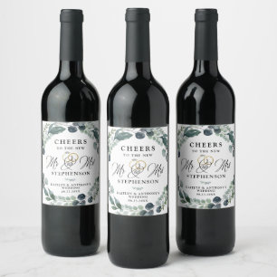 Cheers to New Mr and Mrs. Greenery Bröllop Vinflaska Etikett