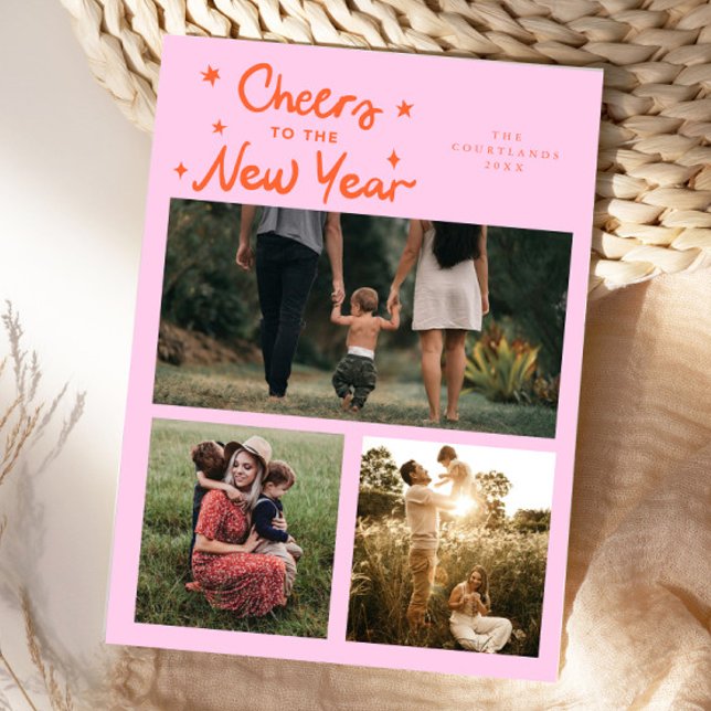 Cheers To The New Year Orange Pink Multi Photo Julkort (Skapare uppladdad)