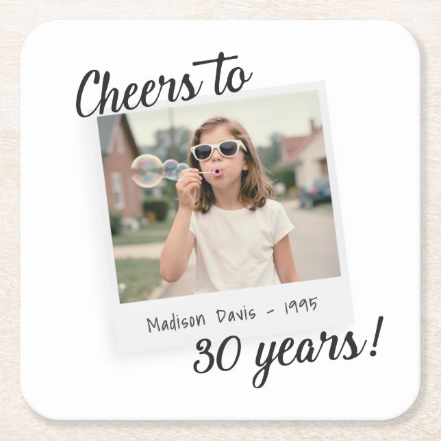 Cheers to Thirty Years 30 Retro Photo Birthday  Underlägg Papper Kvadrat (Framsidan)