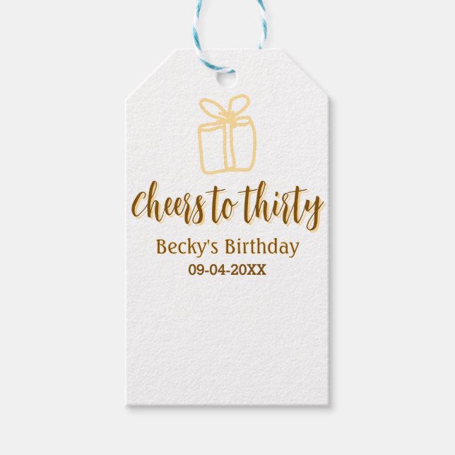 Cheers to thirty yellow brown birthday pastel gift presentetikett (Framsidan)