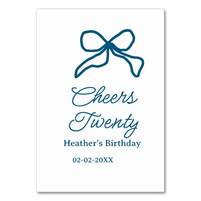Cheers twenty blue birthday bow name date boho ret bordsnummer (Framsidan)