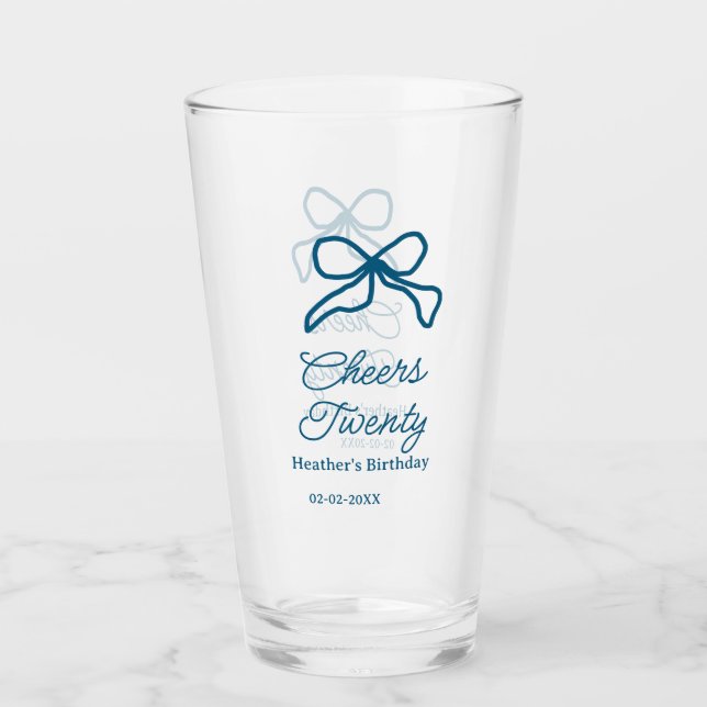 Cheers twenty blue birthday bow name date boho ret glaskopp (Framsida)