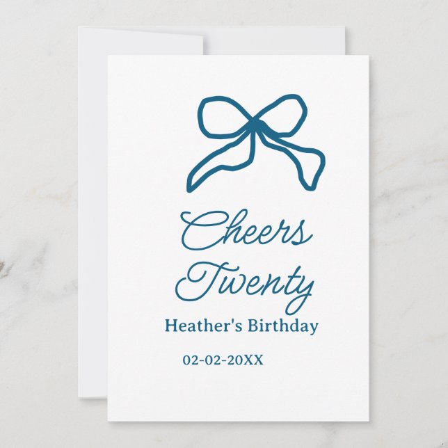 Cheers twenty blue birthday bow name date boho ret julkort (Framsida)