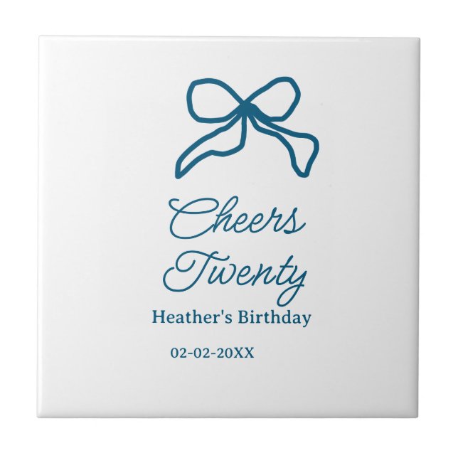 Cheers twenty blue birthday bow name date boho ret kakelplatta (Framsidan)
