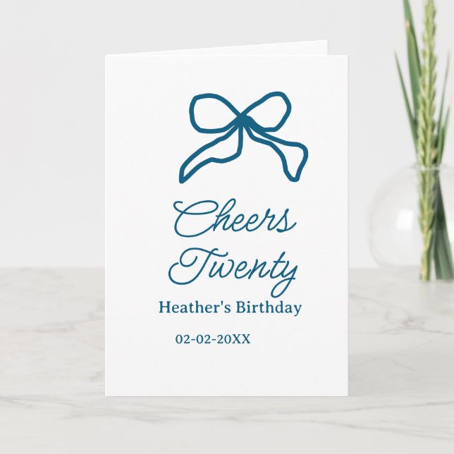 Cheers twenty blue birthday bow name date boho ret kort (Framsida)