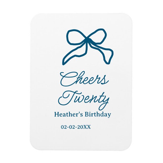 Cheers twenty blue birthday bow name date boho ret magnet (Vertikal)