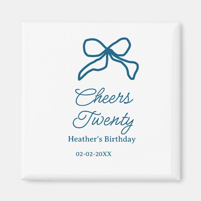 Cheers twenty blue birthday bow name date boho ret magnet (Framsidan)