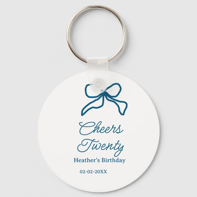 Cheers twenty blue birthday bow name date boho ret nyckelring (Framsida)