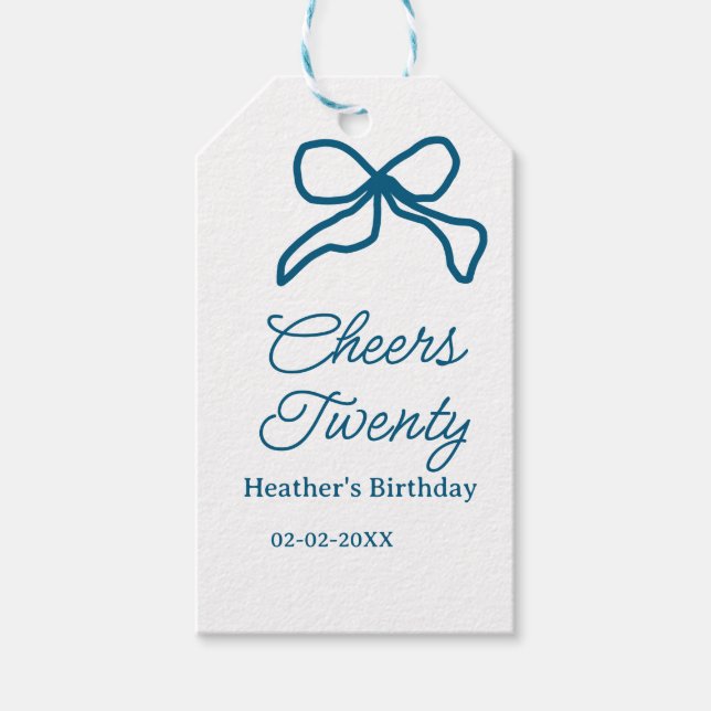 Cheers twenty blue birthday bow name date boho ret presentetikett (Framsidan)