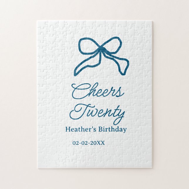 Cheers twenty blue birthday bow name date boho ret pussel (Vertikal)