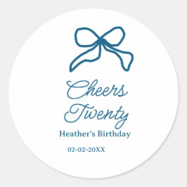 Cheers twenty blue birthday bow name date boho ret runt klistermärke