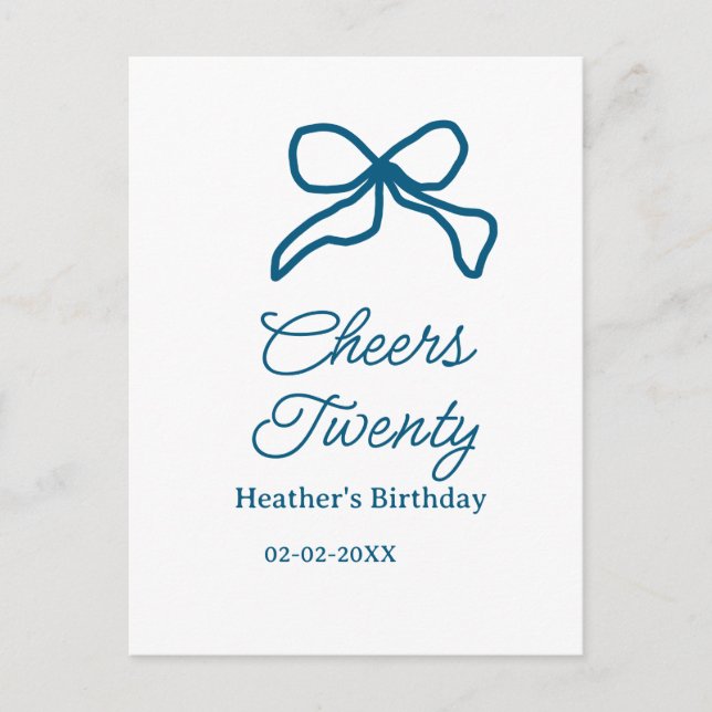 Cheers twenty blue birthday bow name date boho ret vykort (Framsida)