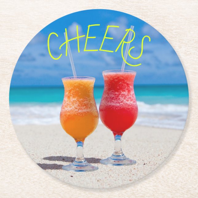 Cheers Two Drinks Beach Cocktails in Paradise Underlägg Papper Rund (Framsidan)
