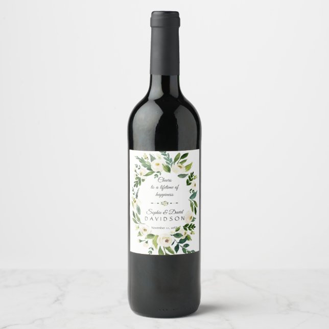 Cheers Vit Grön Blommig Krans Bröllop Vinflaska Etikett (Framsida)