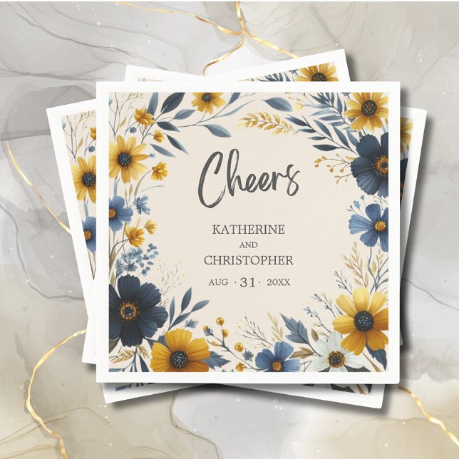 Cheers Watercolor WildblomElegant Beige Bröllop Pappersservett (Cheers Wildflowers Wedding Napkin with Blue and Yellow Wildflowers, Wedding Details.)