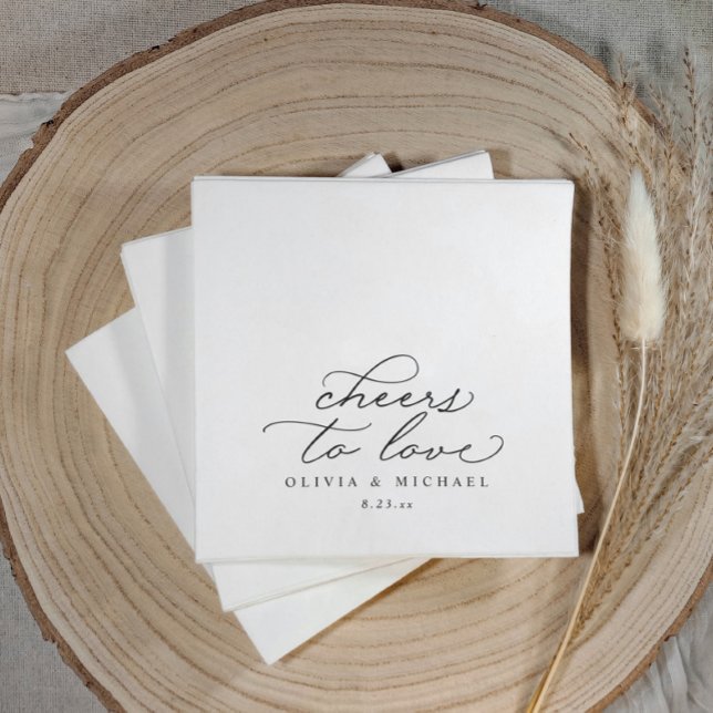 Cheers Wedding Napkins Elegant Black and White Pappersservett (Elegant black and white wedding napkins with “cheers to love” calligraphy, modern reception décor.)