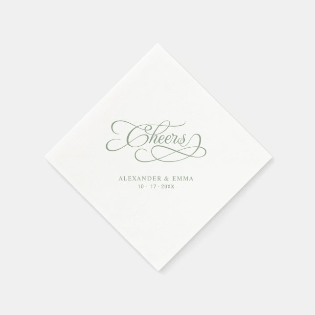 Cheers Wedding Sage Green Elegant Calligraphy Pappersservett (Hörn)