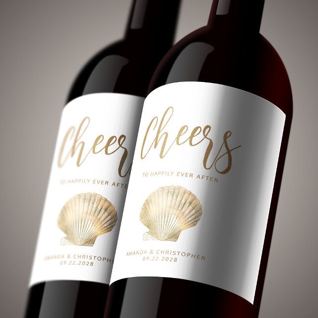 Cheers White Gold Coastal Beach Bröllop Vinflaska Etikett (Skapare uppladdad)