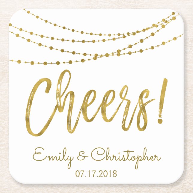 Cheers White och Gold Foil String Ljus Underlägg Papper Kvadrat (Framsidan)