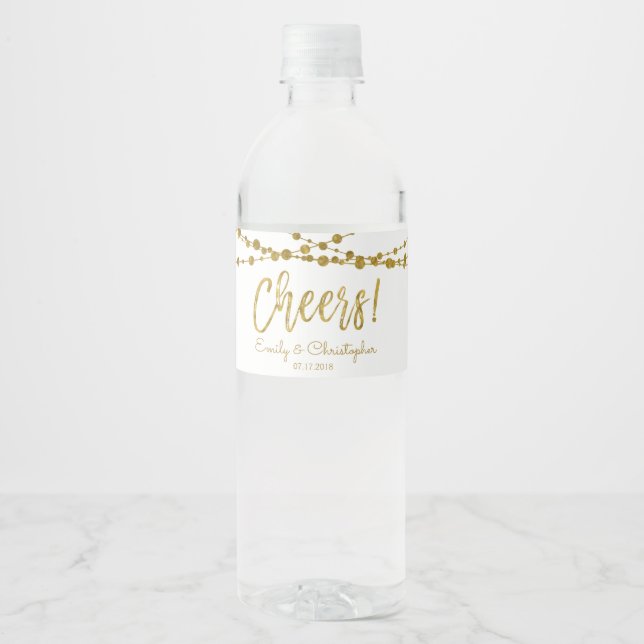 Cheers White och Gold Foil String Ljus Vattenflaskor Etikett (Framsida)