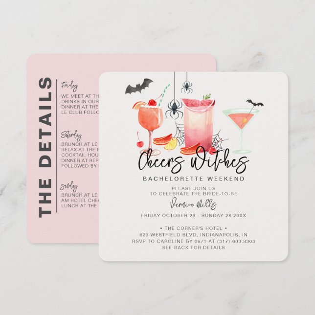 Cheers Witches Halloween Bachelorette Helg Inbjudningar (Fram/baksida)