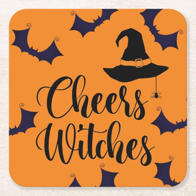 Cheers Witches Typography Fladdermus Halloween fes Underlägg Papper Kvadrat (Framsidan)