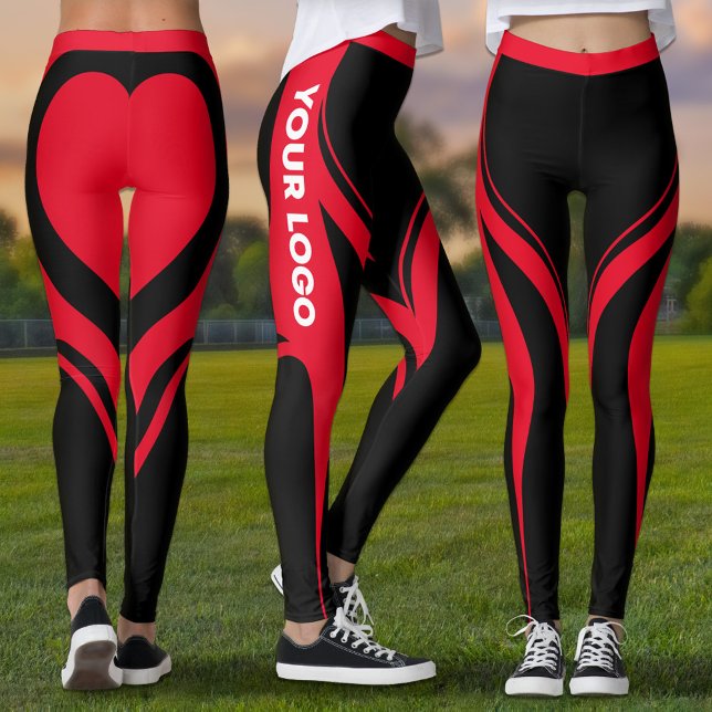 Cheerwriter Red Black Heart Butt Team Uniform Logo Leggings (Red and black leggings with red heart on butt and your team logo on the side of the leg)