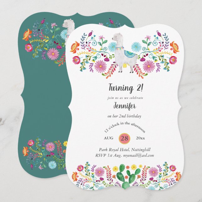 Cheery 2nd Birthday Girl FIESTA LLAMA Folk Flowers Inbjudningar (Fram/baksida)