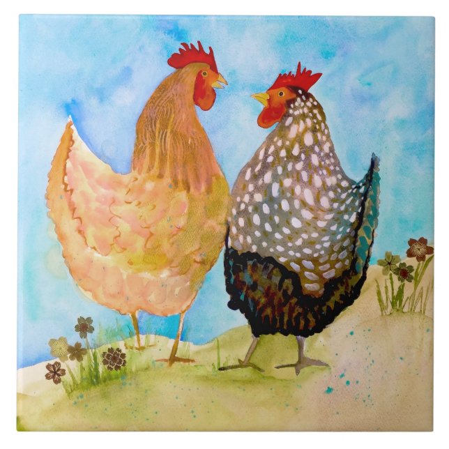 Cheery Chickens Ceramic Kitchen Tile Kakelplatta (Framsidan)