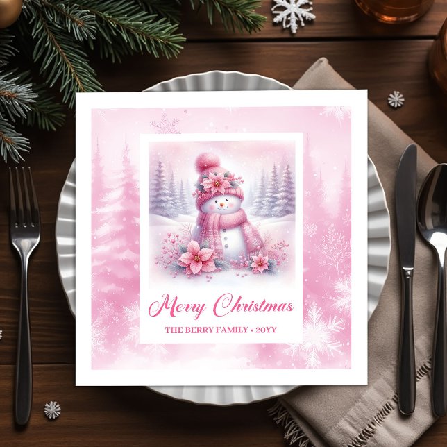 Cheery Winter Forest Pink Snowman Christmas Napkin Pappersservett (Cheery Winter Forest Pink Snowman Christmas Napkins Kids)