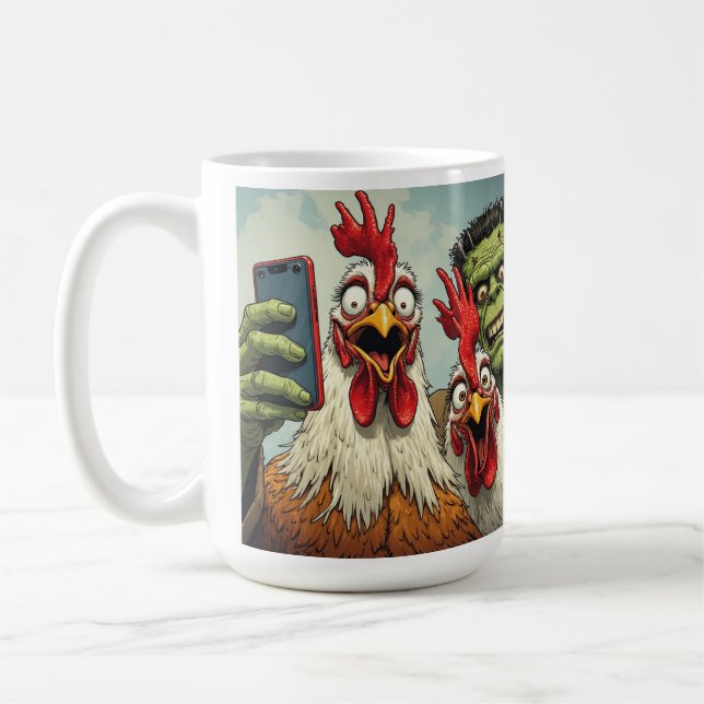 "Cheesy Chickens Posen With Frankenstein" Kaffemugg (Vänster)