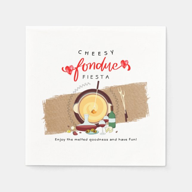 Cheesy Fondue Fiesta Hearts Pot Vin Fondue Party Pappersservett (Framsidan)