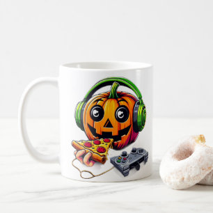 Cheesy Halloween Vibes: Pumpkin Enjoys Pizza Gamin Kaffemugg