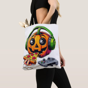 Cheesy Halloween Vibes: Pumpkin Enjoys Pizza Tygkasse