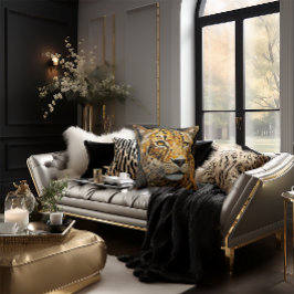 Cheetah Ansikte Mosaic Cat Snyggt Black & Guld Kudde
