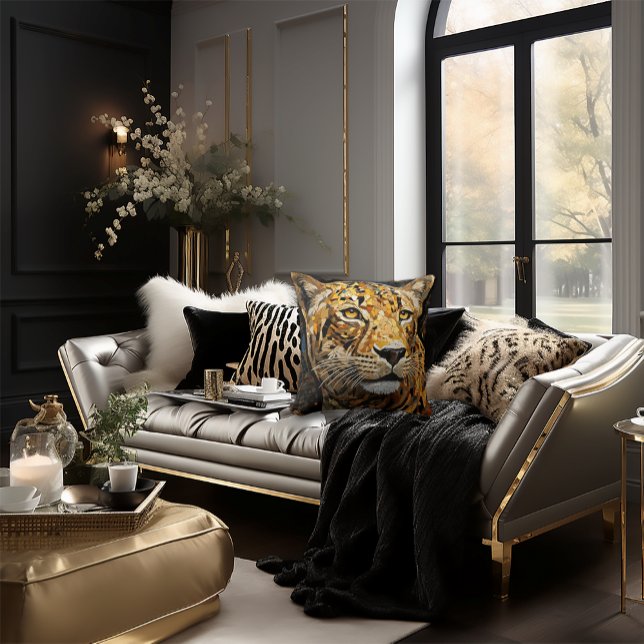 Cheetah Ansikte Mosaic Cat Snyggt Black & Guld Kudde (Dramatic Cheetah Mosaic Style Pillow)