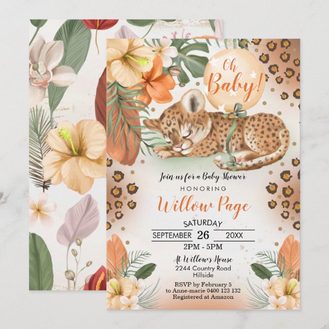 Cheetah Baby Shower-inbjudan Safari Baby Inbjudningar (Fram/baksida)