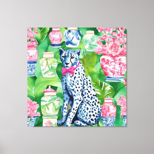 Cheetah, banan löv och chinoiserie burk canvastryck (Framsida)