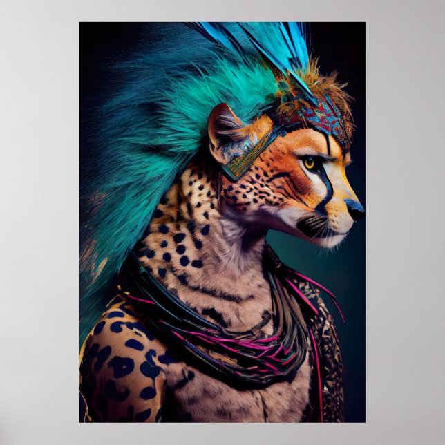 Cheetah Blue Feather Mohawk Weirdcore Rainbow Punk Poster (Framsidan)