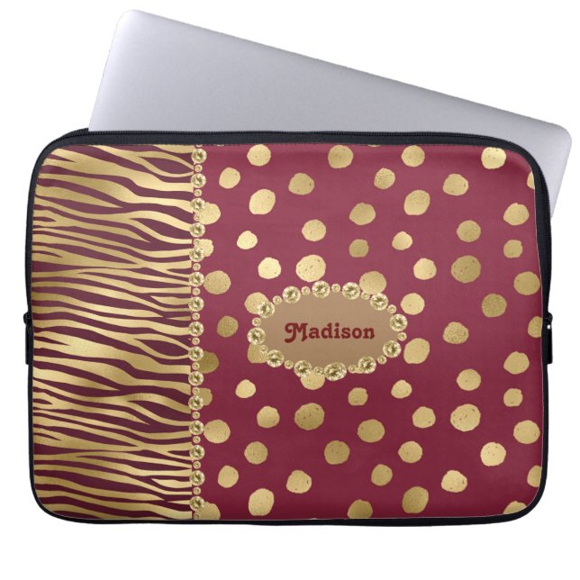 Cheetah Burgundy Guld Metallic Chic Bling Namn Laptop Fodral (Framsidan)