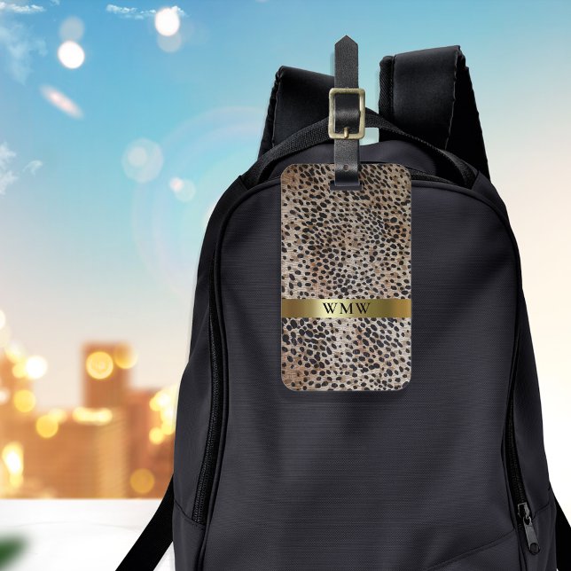 Cheetah Digital Leather Guld Metallic Monogram Lug Bagagebricka (Skapare uppladdad)