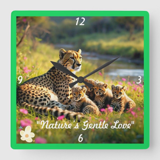 "Cheetah Family Moment" Fyrkantig Klocka (Framsida)