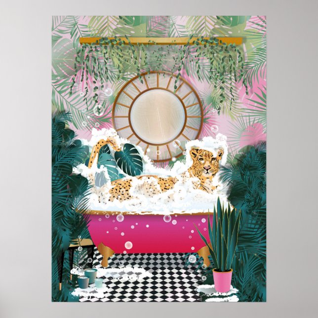 Cheetah i Bathtub, Animal Bathroom Wall Art Poster (Framsidan)