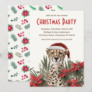 Cheetah i Santa Hat Poinsettias Party Inbjudningar