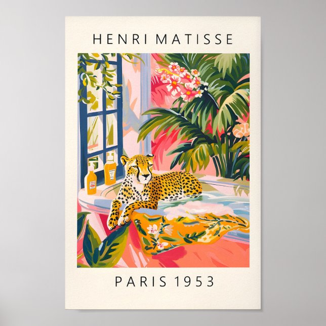 Cheetah in Bathtub Funny Poster, Mid Century Print Poster (Framsidan)