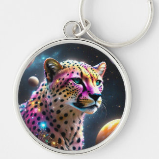 Cheetah in Space Keychain Rund Silverfärgad Nyckelring