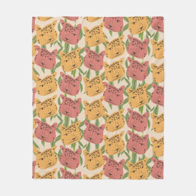 Cheetah Jungle Plants Greenery Coral Grönt Fleecefilt (Framsidan)